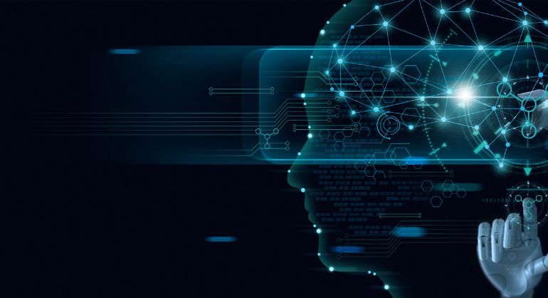 Abstract AI visual with a digital human profile and network patterns.