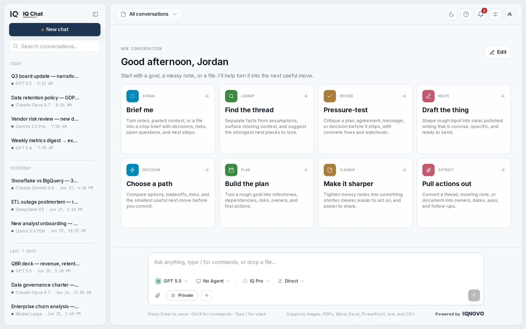 A week of real work in IQ Chat — conversations across Claude, GPT, Gemini, Llama, Mistral, and more, grounded in Microsoft 365 and Google Workspace.